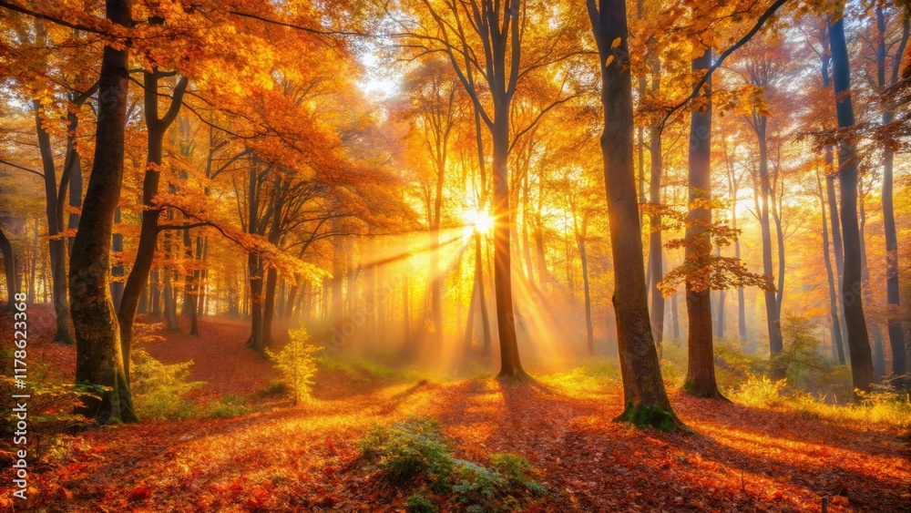 Fototapeta premium Golden hour illuminates a misty autumn forest, low light capturing the serene fog-laden woods.