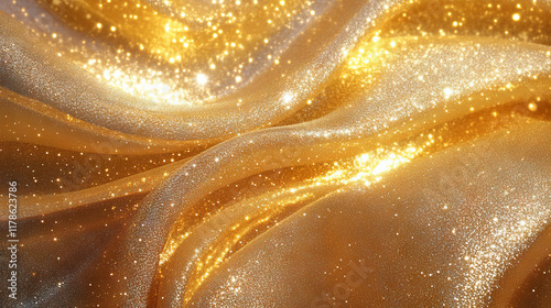 golden, A close-up of golden, glittering fabric, reflecting light and creating an enchanting background with a soft focus on the texture and sheen of the gold.