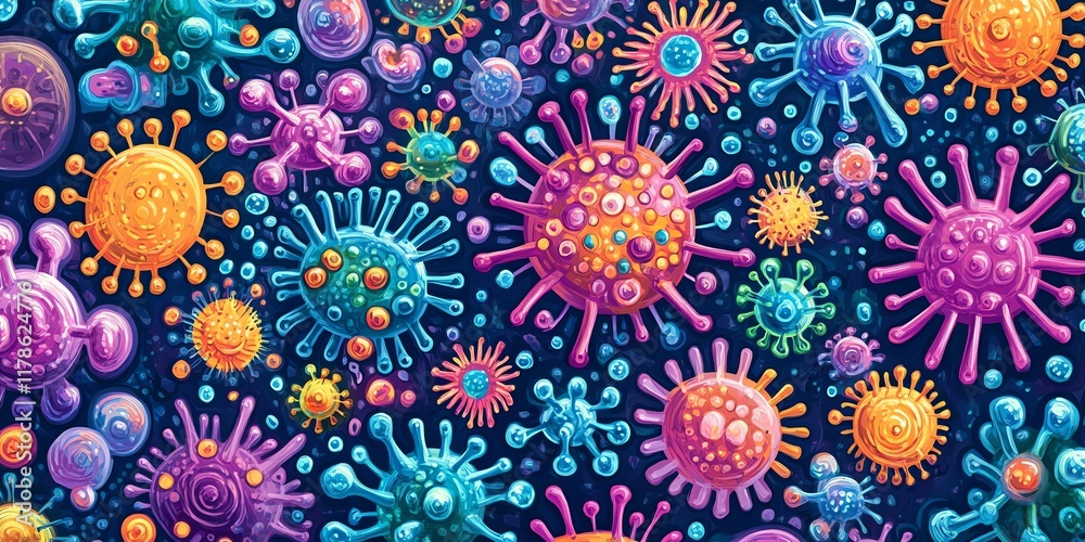 A colorful seamless pattern of stylized viruses in blue, pink, red, yellow, and orange on a dark blue background. A colorful seamless pattern of stylized viruses in blue, pink, red, yellow, and orange on a dark blue background.