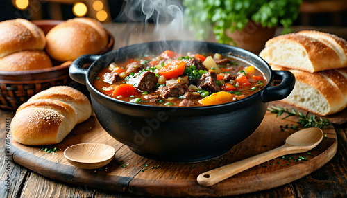 A steaming bowl of hearty beef stew with vibrant vegetables, served in a matte black ceramic dish, s photo