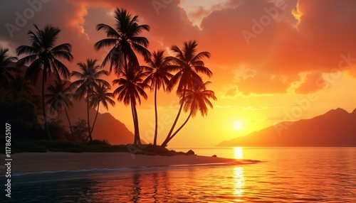 Idyllic island landscape at golden sunset. Tall coconut palm trees cluster near the beach. Calm sea reflects the warm sunset hues. Tranquil and exotic paradise scene. Vacation vibes.