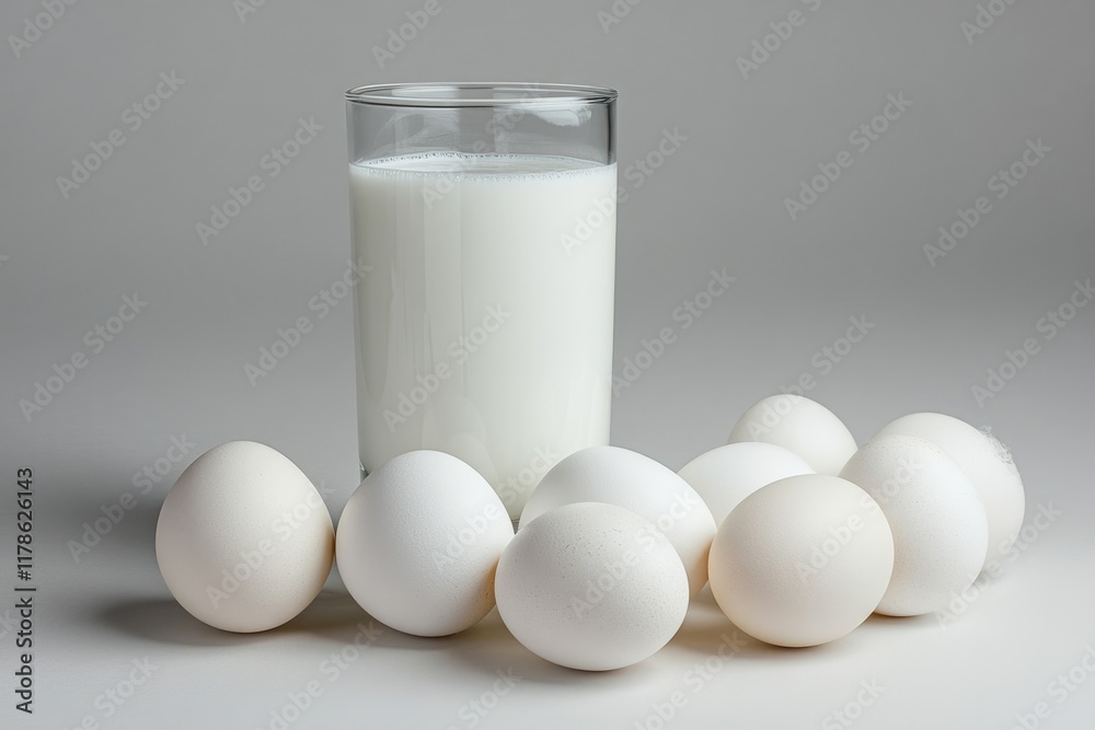 Fresh Dairy Essentials: Milk and Eggs in a Vibrant Food Setting Fresh Dairy Essentials: Milk and Eggs in a Vibrant Food Setting