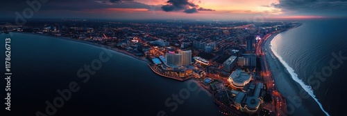Aerial View of Atlantic City Boardwalk at Dusk, Showcasing the Vibrant Casino Scene and Nightlife of New Jersey's Gaming Hub