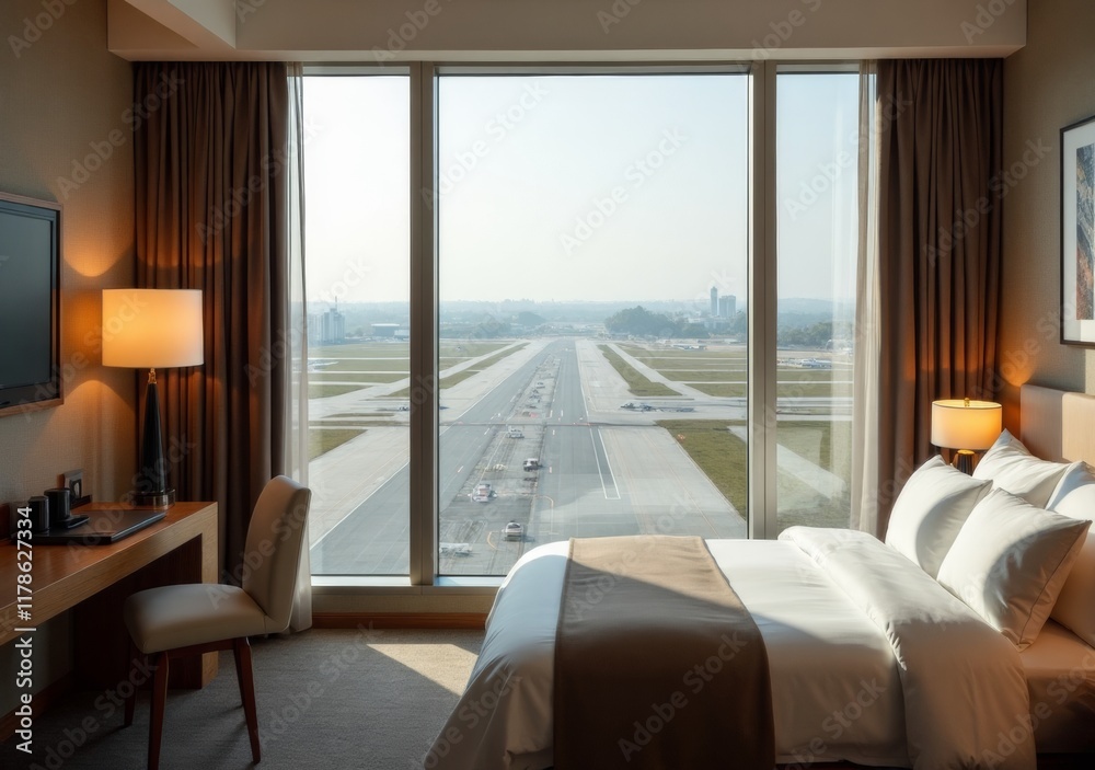 Fototapeta premium Luxurious hotel room with runway view and modern design near airport