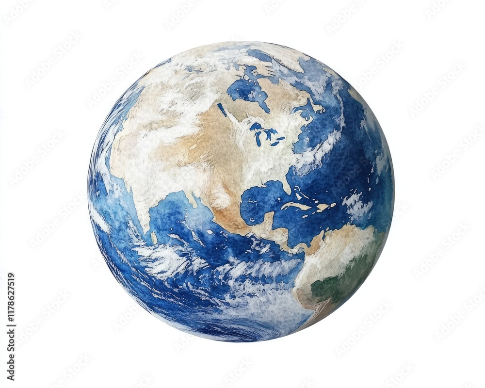 Artistic Globe: Hand-Painted Earth Sphere in Watercolor with Blue Accents on a White Background Artistic Globe: Hand-Painted Earth Sphere in Watercolor with Blue Accents on a White Background