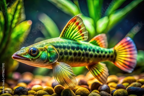 Intricate close-up reveals the texture and color of a Gyrinocheilus aymonieri, a popular aquarium fish also known as the Chinese Algae Eater. photo