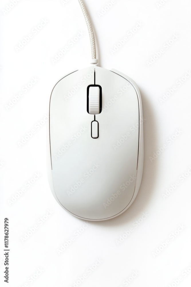 Elevated Perspective of a Sleek White Mouse with Cable, Isolated on Clean Background Elevated Perspective of a Sleek White Mouse with Cable, Isolated on Clean Background