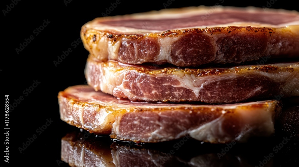 Close-up of raw pork steak with perfect fat marbling on a black background, leaving room for text. Close-up of raw pork steak with perfect fat marbling on a black background, leaving room for text.
