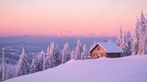 A small cabin perched on a hill overlooking a snow-covered village, surrounded by snow-laden pine trees and distant mountains in soft twilight hues.