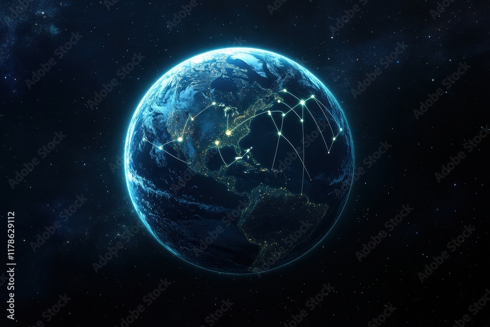 Global network connections, night Earth, space, data flow, communication, illustration Global network connections, night Earth, space, data flow, communication, illustration