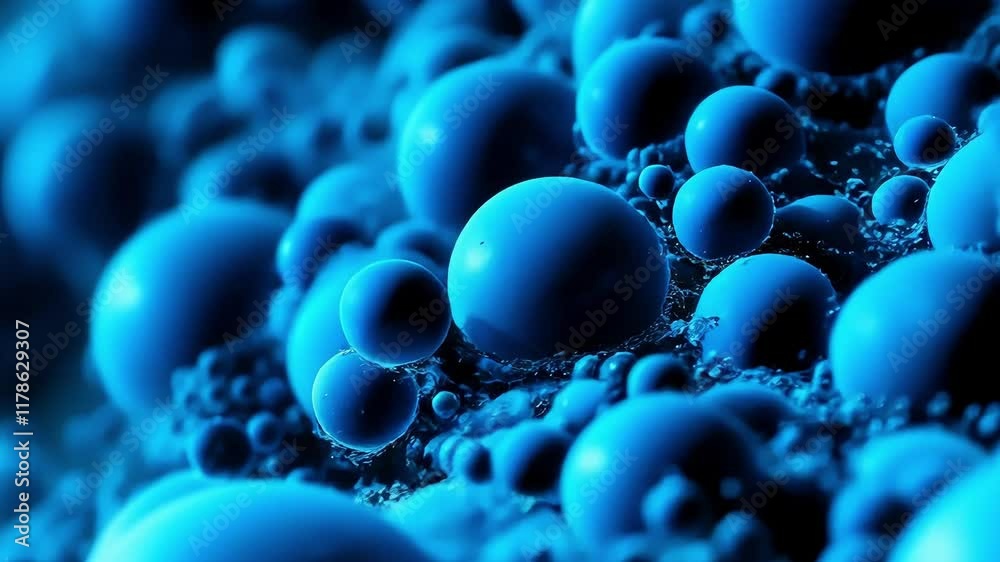 Close-up view of numerous, nearly spherical, translucent blue bubbles or droplets 