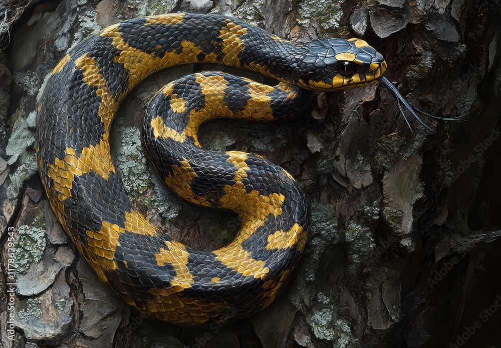 A Vibrant and Striking Close-Up of a Black and Yellow Snake Coiled on a Textured Tree Bark, Showcasing Intricate Patterns and Natural Beauty in a Rich Forest Habitat A Vibrant and Striking Close-Up of a Black and Yellow Snake Coiled on a Textured Tree Bark, Showcasing Intricate Patterns and Natural Beauty in a Rich Forest Habitat