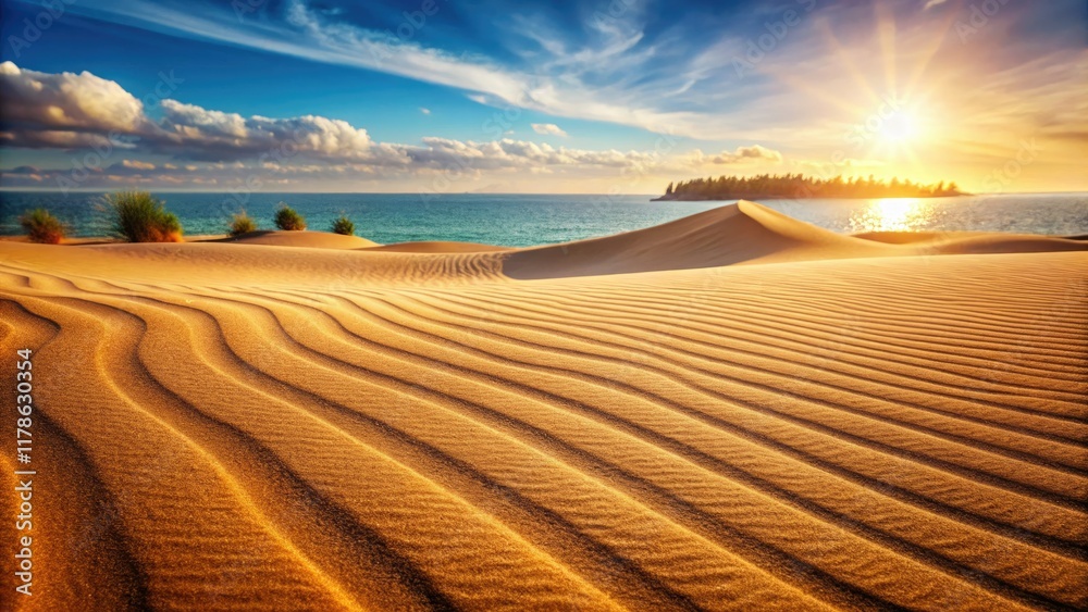 Naklejka premium Mocha Mousse Beach: Summer escape! Desert dune backdrop. Perfect for cosmetic ads.