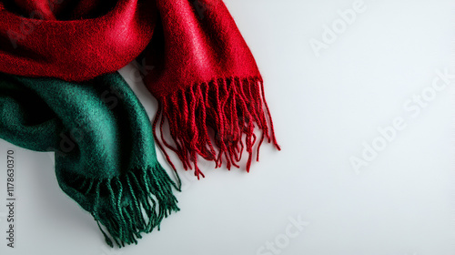 Soft red scarf,
Smooth green scarf,
Fringe on the ends , Warm winter scarves,
Red and green colors,
Cozy for cold days on white background 