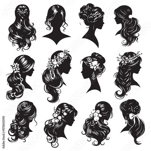 Beautiful women hairstyle silhouette set isolated on white background