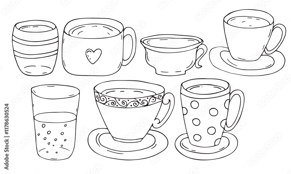 Obraz premium mugs, cups, saucers, drinks, tea and coffee, tea set, vector set of black and white doodle elements, coloring book, cute design element