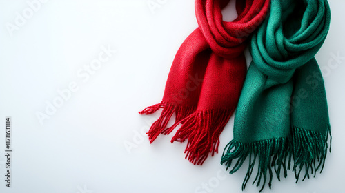 Soft red scarf,
Smooth green scarf,
Fringe on the ends , Warm winter scarves,
Red and green colors,
Cozy for cold days on white background 