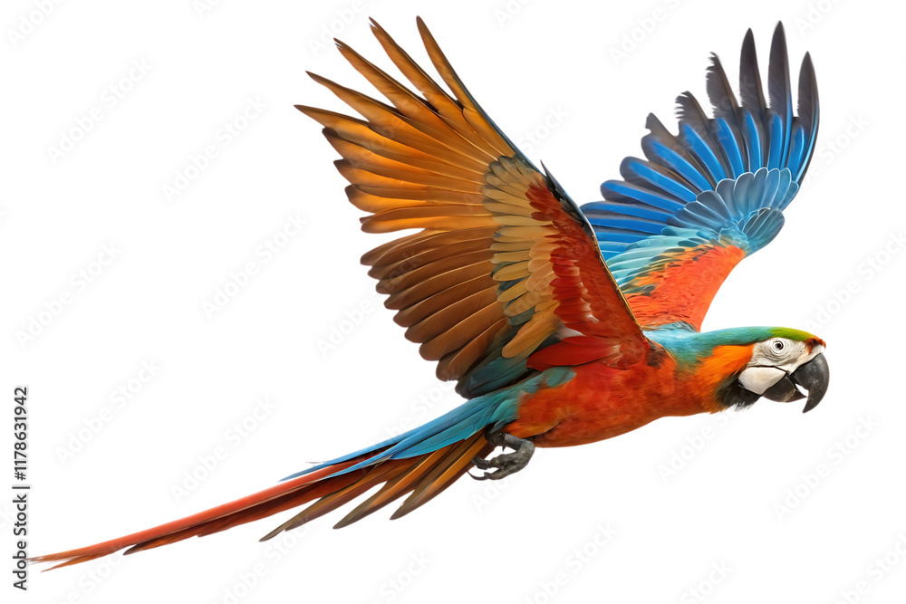 Fototapeta premium A colorful parrot is flying in the air. On transparent background. Png file