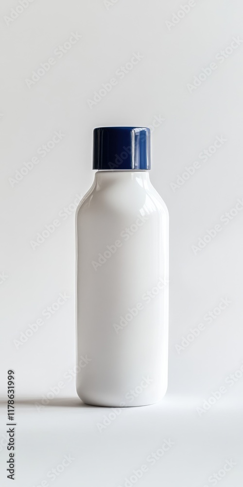 Elegant White Shampoo Container with Blue Cap Set Against a Clean White Backdrop for Body Care in Bathroom Elegant White Shampoo Container with Blue Cap Set Against a Clean White Backdrop for Body Care in Bathroom