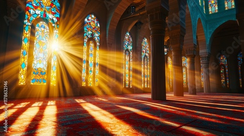 Golden sunlight streaming through mosque windows during Ramadan