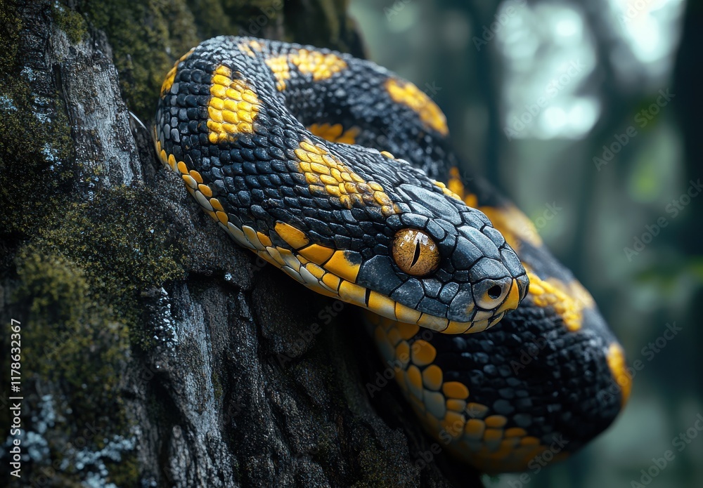 Captivating Close-Up of a Colorful Python Coiled on a Tree, Showcasing Its Unique Scales and Intelligent Eyes in a Lush Forest Environment Captivating Close-Up of a Colorful Python Coiled on a Tree, Showcasing Its Unique Scales and Intelligent Eyes in a Lush Forest Environment