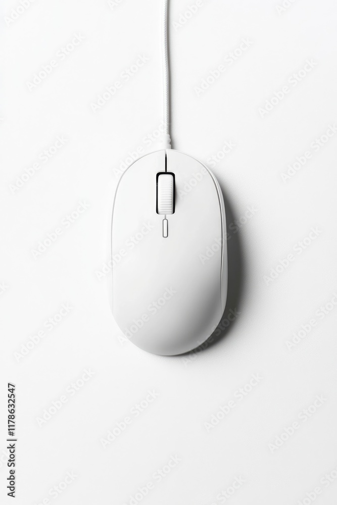 Elevated Perspective of a Wired White Mouse. Sleek Design and Clean Aesthetic for Modern Computer Equipment Elevated Perspective of a Wired White Mouse. Sleek Design and Clean Aesthetic for Modern Computer Equipment