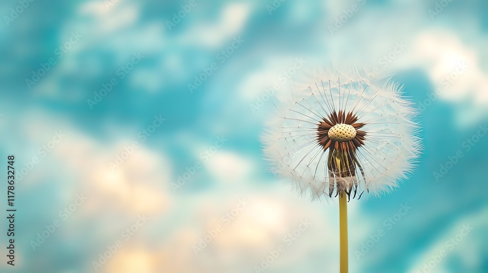 Obraz premium Close-up of a dandelion seed head against a blurred teal sky.