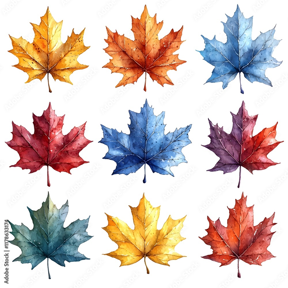 Obraz premium Vibrant Watercolor Maple Leaf Collection with Warm and Cool Hues on White Background