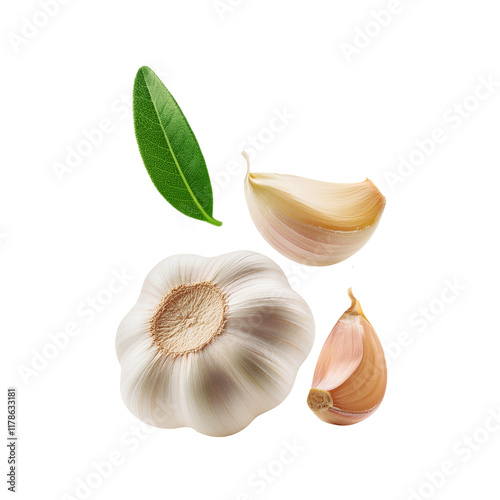 Falling garlic with slice and green leaf on transparent background