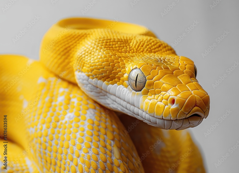 Captivating Close-Up of a Vibrant Yellow Snake Showcasing Its Intricate Scales and Unique Texture Against a Neutral Background Captivating Close-Up of a Vibrant Yellow Snake Showcasing Its Intricate Scales and Unique Texture Against a Neutral Background