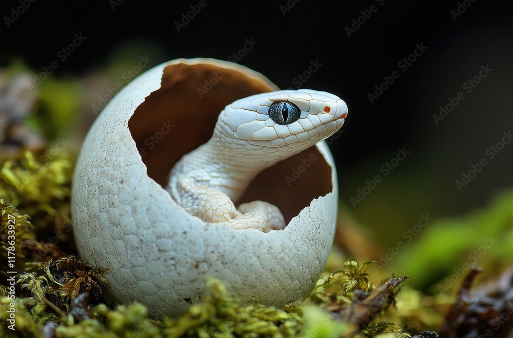 Obraz premium Captivating Image of a White Snake Emerging from a Broken Egg Shell Surrounded by Lush Green Moss in a Natural Habitat Setting