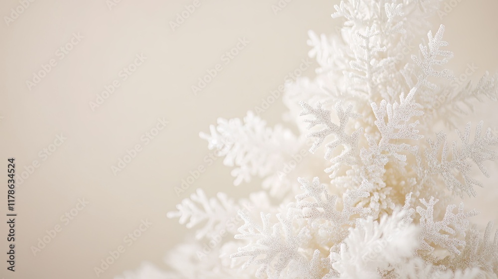A white Christmas tree adorned with snowflakes, set against a soft, blurred background, ideal for modern Christmas card designs with a festive touch.
