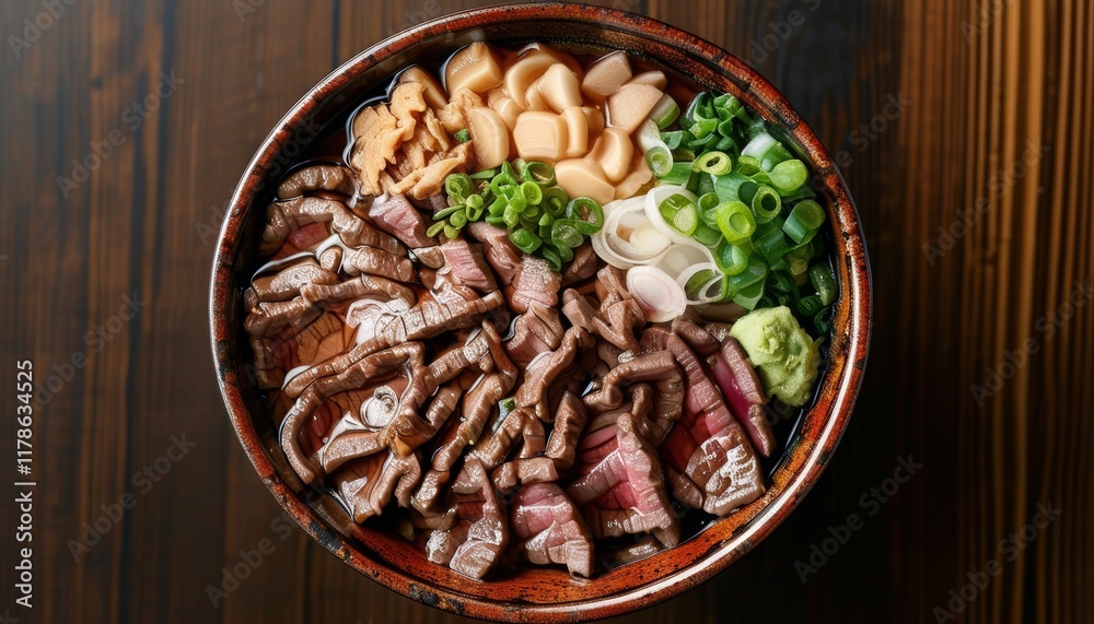 Japanese Gyudon Bowl with Beef, Green Onions, Pickled Veggies and Tasty Toppings Japanese Gyudon Bowl with Beef, Green Onions, Pickled Veggies and Tasty Toppings