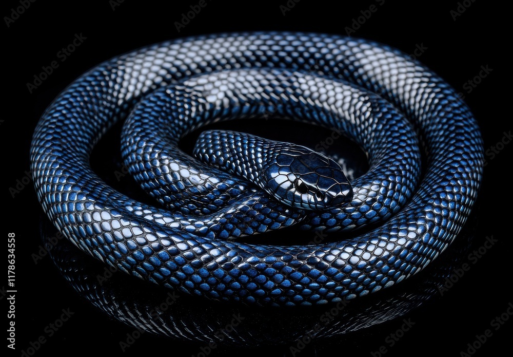 Obraz premium Close-Up of a Beautiful Black and Blue Snake Coiled on a Reflective Surface Against a Dark Background, Highlighting Its Unique Scales and Patterns
