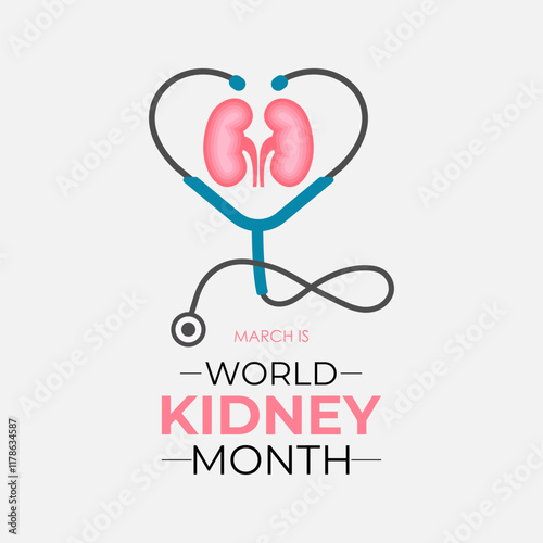 March is National Kidney Month, a time to promote kidney health awareness with stethoscope and hands. Banner poster, flyer and background design template. Vector illustration. Eps 10.