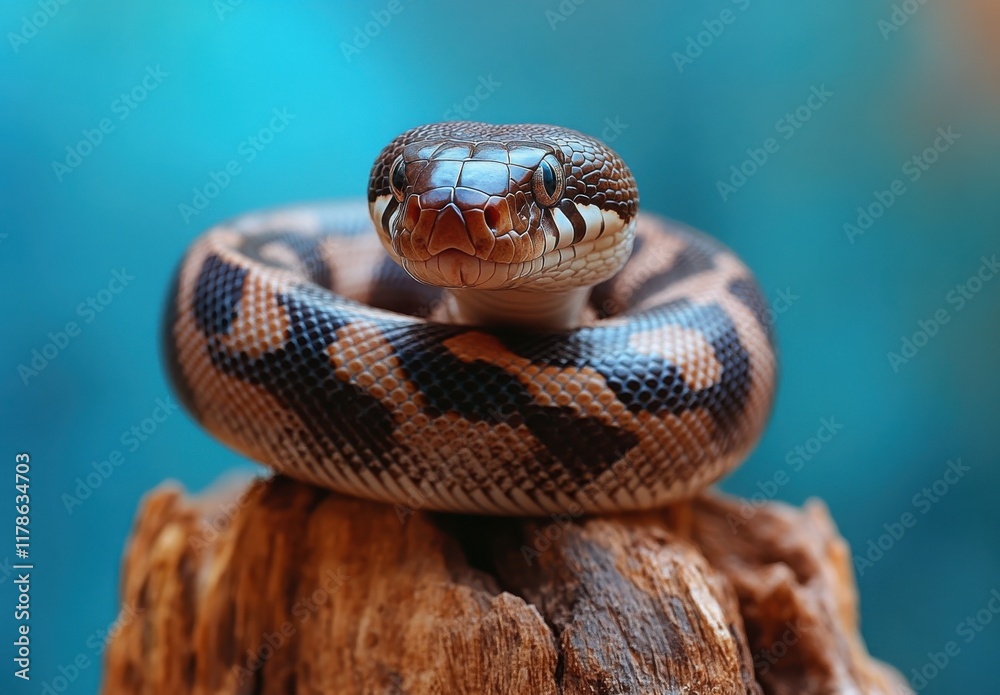Obraz premium Close-up of a Beautiful Python Snake Curled on a Log, Showcasing Vibrant Scales and Intricate Patterns, Against a Soft Blue Background