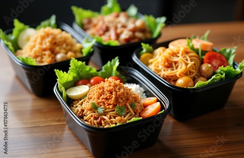 Variety of modern Thai food portions in black plastic take-away containers. Healthy meal solutions for lunch dinner. Food looks fresh, ready to eat. Image suitable for food delivery services catering photo