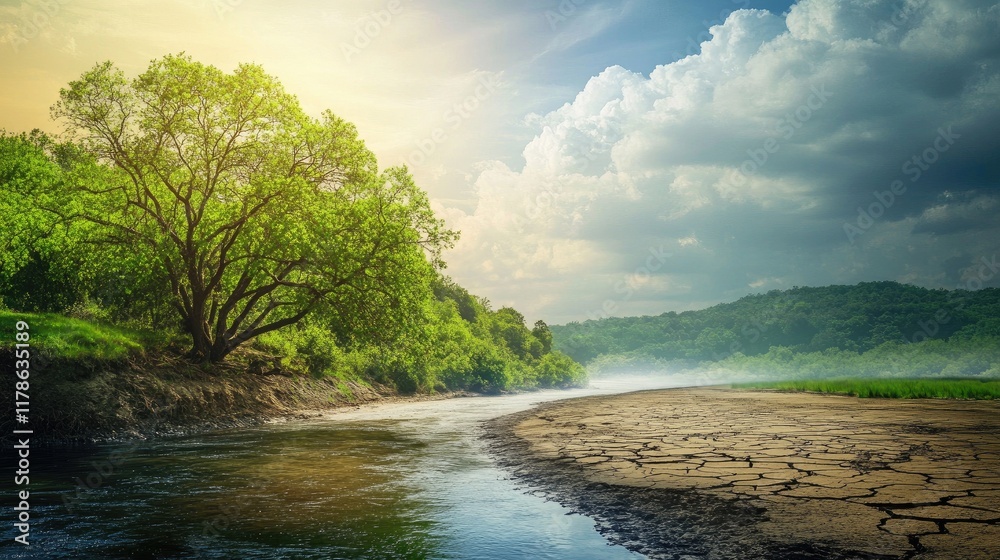 Obraz premium A serene landscape of a riverbank with green trees contrasted with another view of a dried-up riverbed, illustrating the dramatic effects of changing weather patterns.