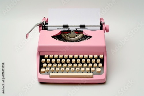 A retro pink typewriter with an empty page text correspondence electronics.