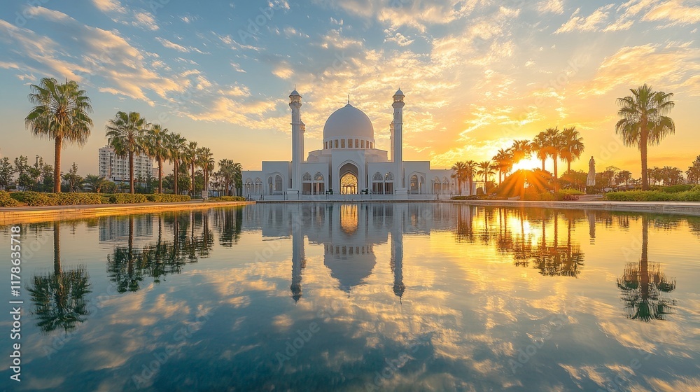 Fototapeta premium Majestic white mosque at sunrise reflected in calm water with clear skies