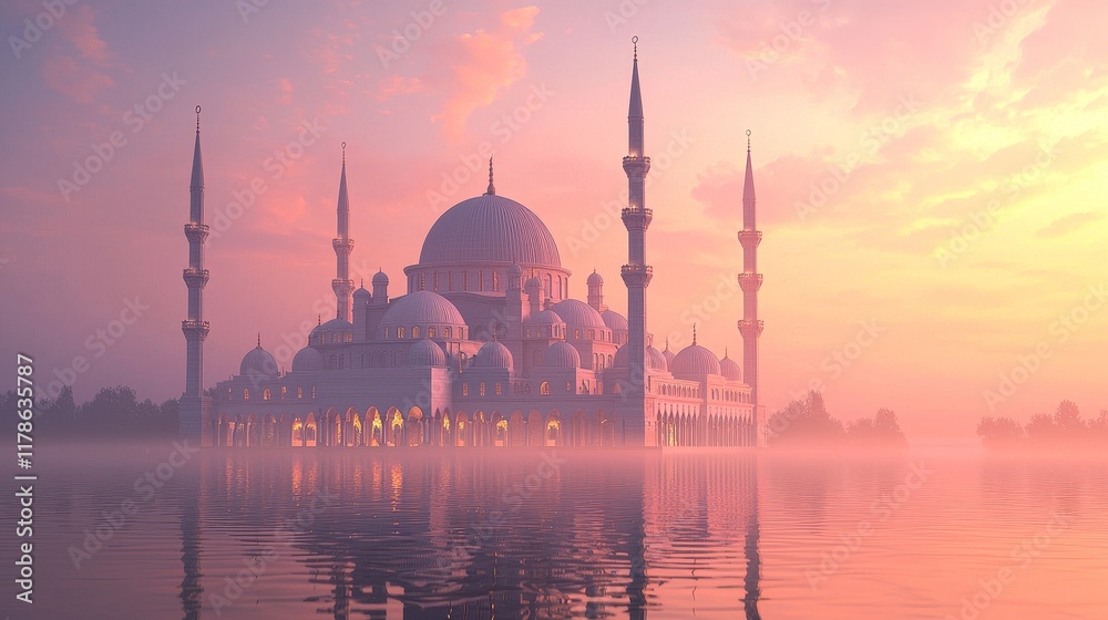 Obraz premium Majestic white mosque at sunset with golden domes and open courtyard