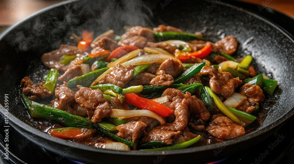 A sizzling skillet on a stovetop with vibrant vegetables and succulent pieces of meat, creating a mouth-watering stir-fry with steam rising, capturing the essence of home cooking. A sizzling skillet on a stovetop with vibrant vegetables and succulent pieces of meat, creating a mouth-watering stir-fry with steam rising, capturing the essence of home cooking.