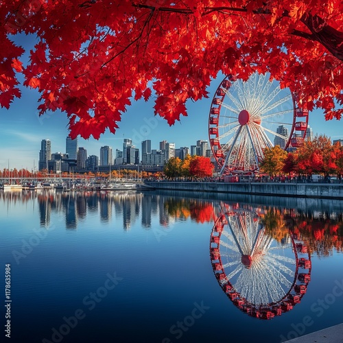 Montreal's Old Port in autumn is a sight to behold. The vibrant red maples and the historic Montreal skyline create a picturesque reflection on the St. Lawrence River. The season of fall foliage in Mo