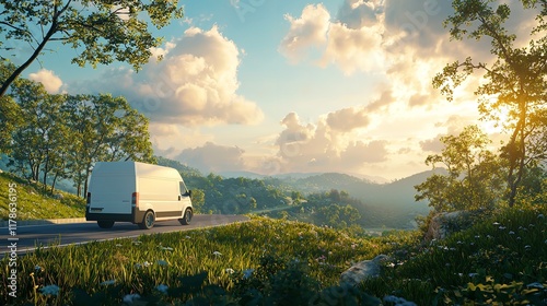 Delivery Van on a Scenic Road Trip Through Lush Green Landscapes
