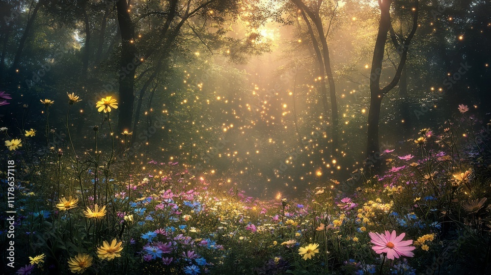 A dark fantasy forest with towering, shadowy trees shrouded in mist. The ground is adorned with micro-sized flowers in vibrant hues of yellow, pink, purple, blue, and white. A dark fantasy forest with towering, shadowy trees shrouded in mist. The ground is adorned with micro-sized flowers in vibrant hues of yellow, pink, purple, blue, and white.