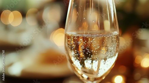 Wallpaper Mural Close-up of a sparkling wine glass with bubbles,  soft-focus background of warm lights and blurry table setting. Torontodigital.ca