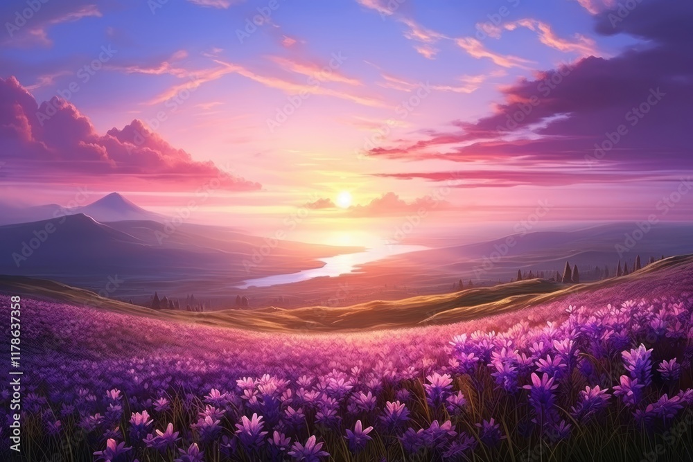 Obraz premium Spring flowers field sky landscape panoramic.