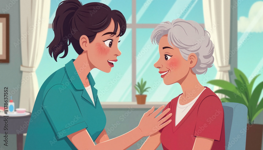 Obraz premium Caring nurse comforting elderly woman indoors