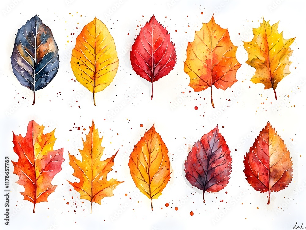 Obraz premium Vibrant Autumn Leaf Collection with Watercolor Splatters on White Background for Festive Seasonal Decor and