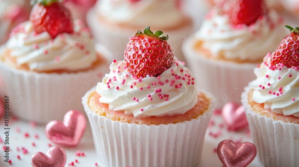 Festive Miniature Strawberry Cupcakes on Elegant Dessert Table Festive Miniature Strawberry Cupcakes on Elegant Dessert Table
